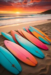 An ensemble of high-quality, customized surfboards in an array of eye-catching hues and styles framed against a stunning, fiery sunset overlooking the serene, turquoise ocean
