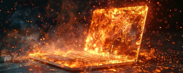 A laptop engulfed in flames, symbolizing technology disaster, data loss, or cybersecurity risks, set against a dark, dramatic background.