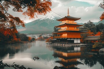 Obraz premium Fuji Mountain and Maple Leaves with Morning Mist in Autumn, Japan. ai generated