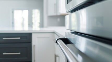 Contemporary kitchen, close-up on stainless steel appliances and white quartz countertop, bright light 