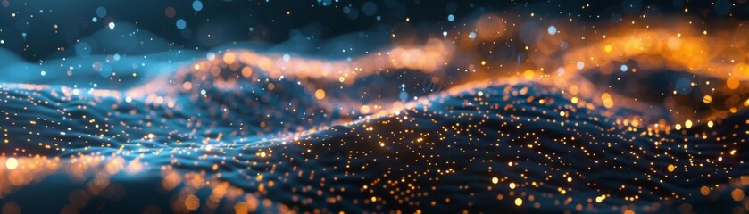 Obraz premium Abstract digital landscape with dynamic waves and glowing dots, illustrating futuristic technology and data visualization concepts.