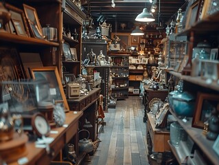 Cozy Antique Shop with Eclectic Vintage Treasures on Shelves and Displays