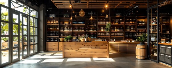 Inviting Wine and Spirits Store with Tasting Area Offers Premium Retail Shopping Experience