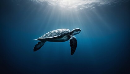 Fototapeta premium silhouette of a caretta caretta swimming alone in the deep blue of the ocean 