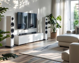 High end Home Audio System Setup in Contemporary Living Room Showcasing Sound
