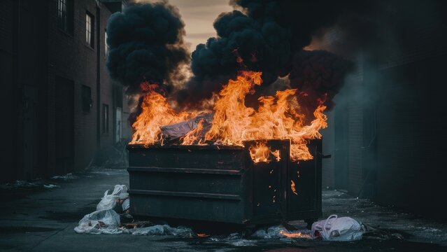 Raging Dumpster Fire Flames and Smoke in Urban Alley
