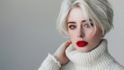 A beautiful woman with short blonde hair laughing against a white background. Beautiful woman with blonde hair and glamorous makeup in a close-up studio portrait