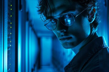 Man with glasses in blue-lit server room. Concentrated expression, technology background, illuminated servers, modern tech environment.