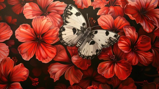 Delias eucharis and vibrant red flowers The common Jezebel or pierid butterfly