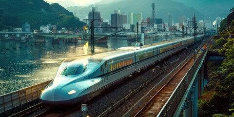 Fototapeta premium Bullet Train speeding through a railway station in Tokyo, Japan. ai generated