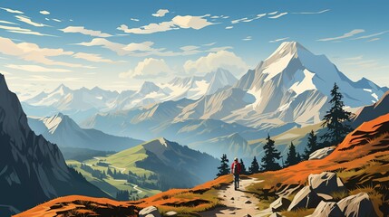 A serene alpine lake nestled among towering peaks, with crystal-clear waters reflecting the surrounding mountains. Painting Illustration style, Minimal and Simple,