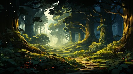 A secluded forest glen illuminated by shafts of sunlight filtering through the canopy, casting a magical glow on the moss-covered ground. Painting Illustration style, Minimal and Simple,