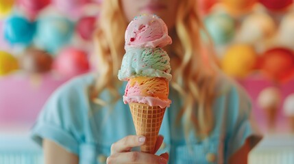a person with a stack of ice cream scoops on a cone