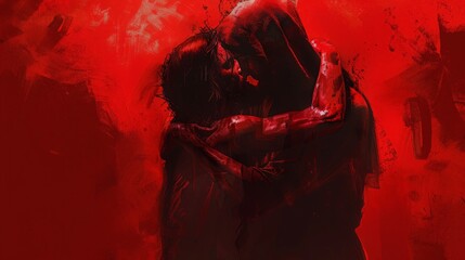 Digital illustration portraying the Sixth Sorrow, with Mother Mary embracing the bloodied body of Christ against a somber background tinged with deep crimson hues