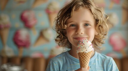 A happy child enjoying a delicious ice cream cone on a summer dayA happy child enjoying a delicious ice cream cone on a summer day