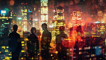 A group of business people in silhouette standing against the backdrop of an illuminated city skyline at sunset, and bokeh creating a dreamy atmosphere, symbolizing unity success work.