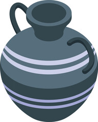 Vector illustration of a decorative isometric clay pot with striped design and two handles, showcasing traditional pottery craftsmanship, in gray and purple, isolated on white background