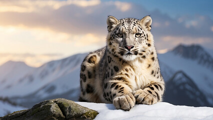 Obraz premium Painting of a leopard standing on a rock in front of a mountain ai generative photo