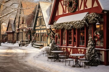 Fototapeta premium Historic Village Square: Hot chocolate and pastries in a charming historic village square.
