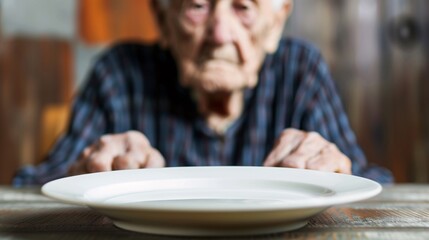 A mature person with nutritional deficiencies sits in front of an empty plate, highlighting the harsh reality of elder poverty and undernutrition
