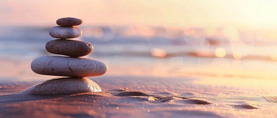 Stones stacking on the sandy beach at sunset with blurred ocean waves in the background, symbolizing balance and tranquility.