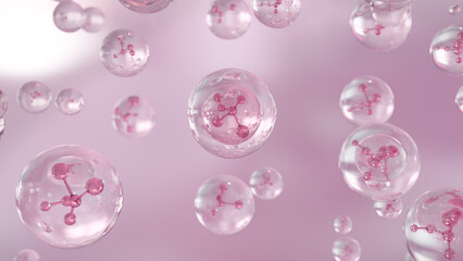 3D cosmetic rendering Pink Bubbles of serum on a fuzzy background. Design of collagen bubbles. The concept for Moisturizing Cream and Serum.