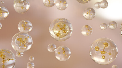 Cosmetic 3d Golden liquid bubbles on a bright background. Molecule inside a liquid bubble. Moisturizing Cream and Serum Concept. Vitamin for personal care and beauty concept.