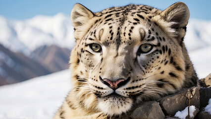 Fototapeta premium Painting of a leopard standing on a rock in front of a mountain ai generative photo