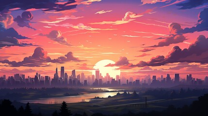 A modern urban skyline silhouetted against a colorful sunset sky, with the warm hues of dusk casting a serene glow over the cityscape. Painting Illustration style, Minimal and Simple,