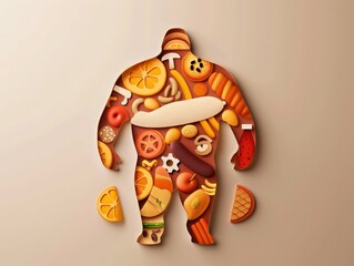 Excess weight man paper cut vector design. Overweight and obesity concept. Unhealthy diet and junk food inside fat male body. Adult person abdominal obese. Over eating problems illustration