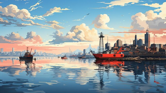 A bustling city harbor with towering cranes, cargo ships, and waterfront promenades, showcasing the industrial and maritime aspects of urban life. Painting Illustration style, Minimal and Simple,