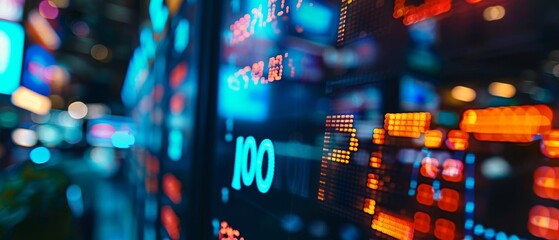 Obraz premium Vibrant stock market display with illuminated numbers and graphs reflecting global financial trends in a bustling city environment.