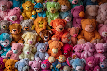 Colorful Assortment of Plush Teddy Bears in Various Sizes and Colors, Perfect for Kids and Collectors, Background, Poster