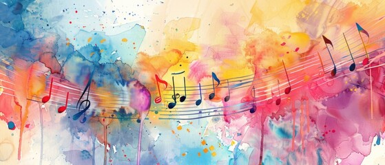 abstract musical long narrow background with notes watercolor