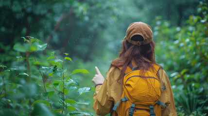 woman pointing while green background, generative ai