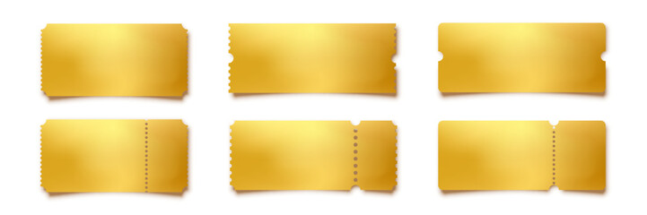 Gold empty tickets templates set. Golden vector coupon, stickers or discount tags mockups collection isolated on white background. Cinema, theater, concert, party, event, festival invitation entrance