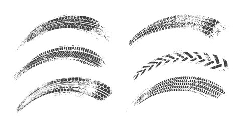 Tire tracks. Car, bike, motorcycle tyre marks with grunge effect set isolated on white background. Collection of different wheels footprints on the road. Top view of rubber protector marks © backup16