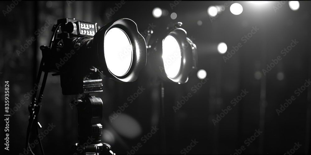 Poster a black and white photograph of a light on a tripod, suitable for use in photography related context