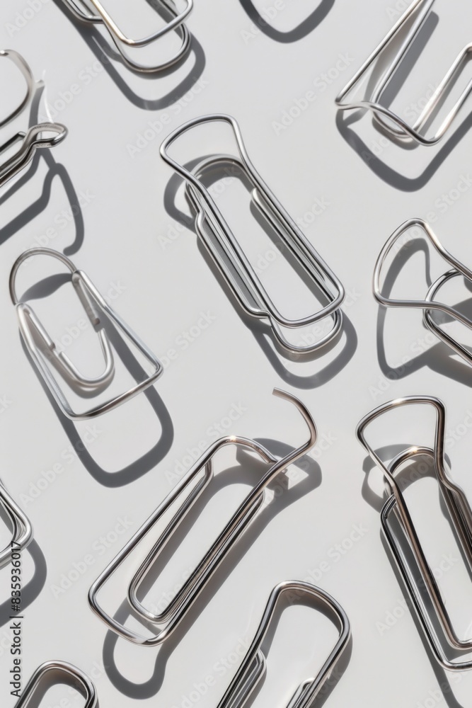Poster a collection of shiny silver paper clips stacked on top of each other, ideal for use in office or cr