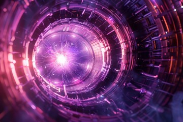 3D Render fusion reactor nuclear fusion, tokamak inside heated plasma, toroidal shape, clean energy. Copy space