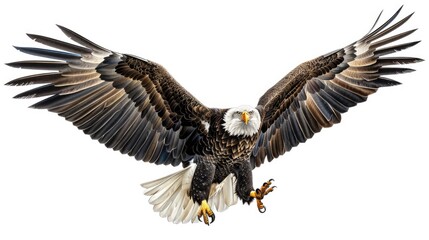 Fototapeta premium A bald eagle soaring through the air with its wings spread, showcasing its majestic beauty