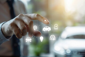 Businessman hand clicks insurance icons to car, travel, family and life, financial and health insurance. Insurance online buy concept