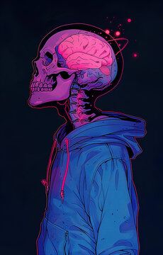 Pink-Skinned Skeleton With Exposed Brain Wearing Blue Hoodie, Black background