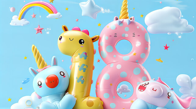Colorful Cartoon Unicorn, Giraffe, and Pig Balloons Against a Blue Sky, Birthday Celebration, 18