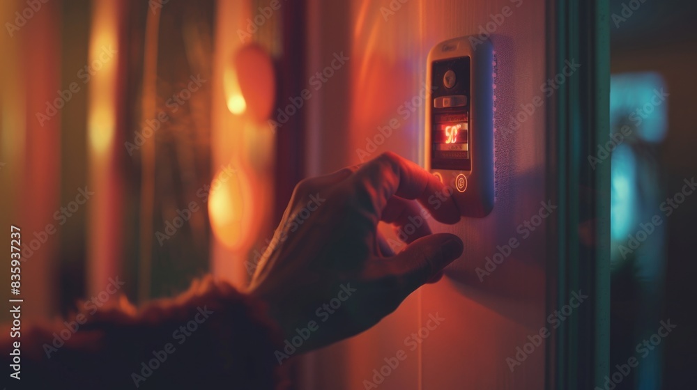 Aufkleber a person presses a button on a wall, a common action in various settings