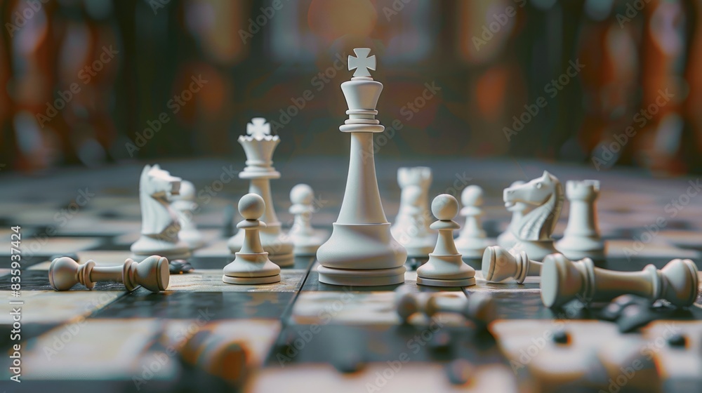 Poster A close-up view of a chessboard with multiple pieces in various positions