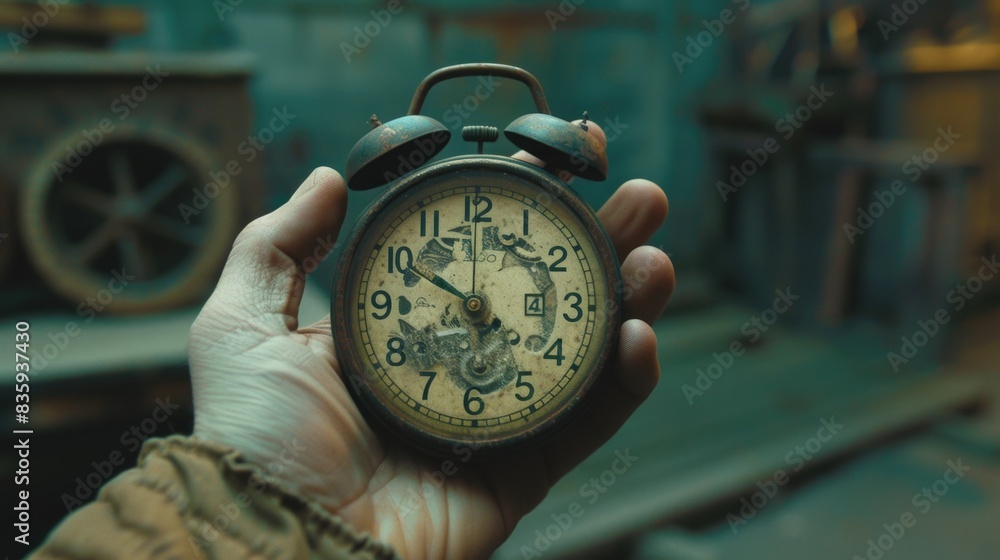 Poster A person holds a clock in their hand, useful for representing time or schedules