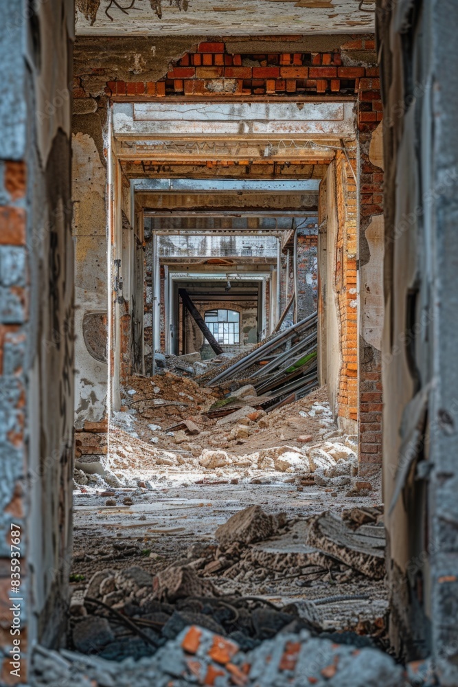 Poster abandoned old building with a hole in the wall, ideal for use in scenes depicting decay or neglect