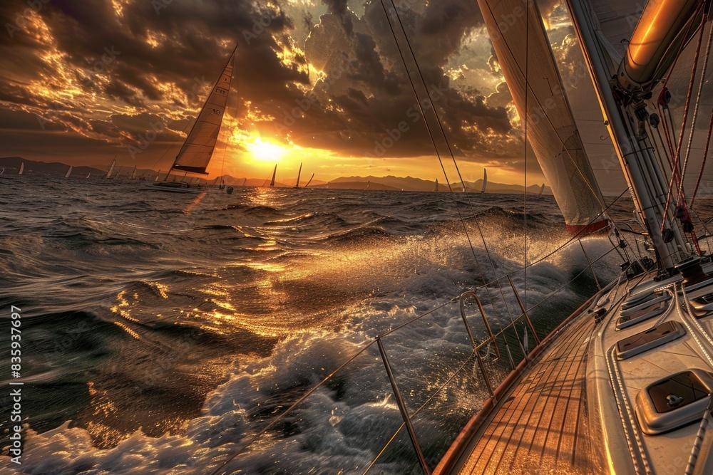 Poster a sailboat gliding across the calm ocean as the sun sets in the sky, with waves gently lapping again