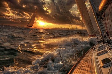 A sailboat gliding across the calm ocean as the sun sets in the sky, with waves gently lapping against its hull
